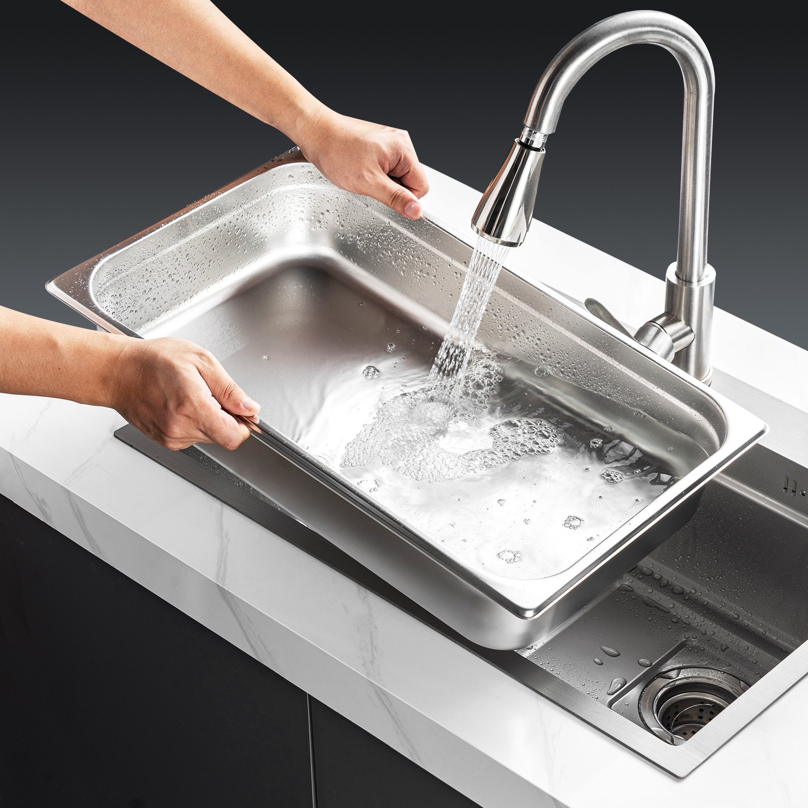 Set od 4 hotelske parne GN posude pune veličine s poklopcem i utorima protiv zaglavljivanja, od nehrđajućeg čelika debljine 0,8 mm, dubina 10,2 cm – profesionalne posude za posluživanje i čuvanje hrane, za industriju i znanost - Slika 8