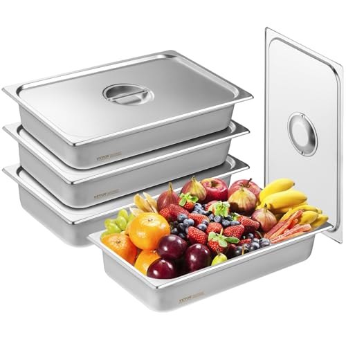 Set od 4 hotelske parne GN posude pune veličine s poklopcem i utorima protiv zaglavljivanja, od nehrđajućeg čelika debljine 0,8 mm, dubina 10,2 cm – profesionalne posude za posluživanje i čuvanje hrane, za industriju i znanost