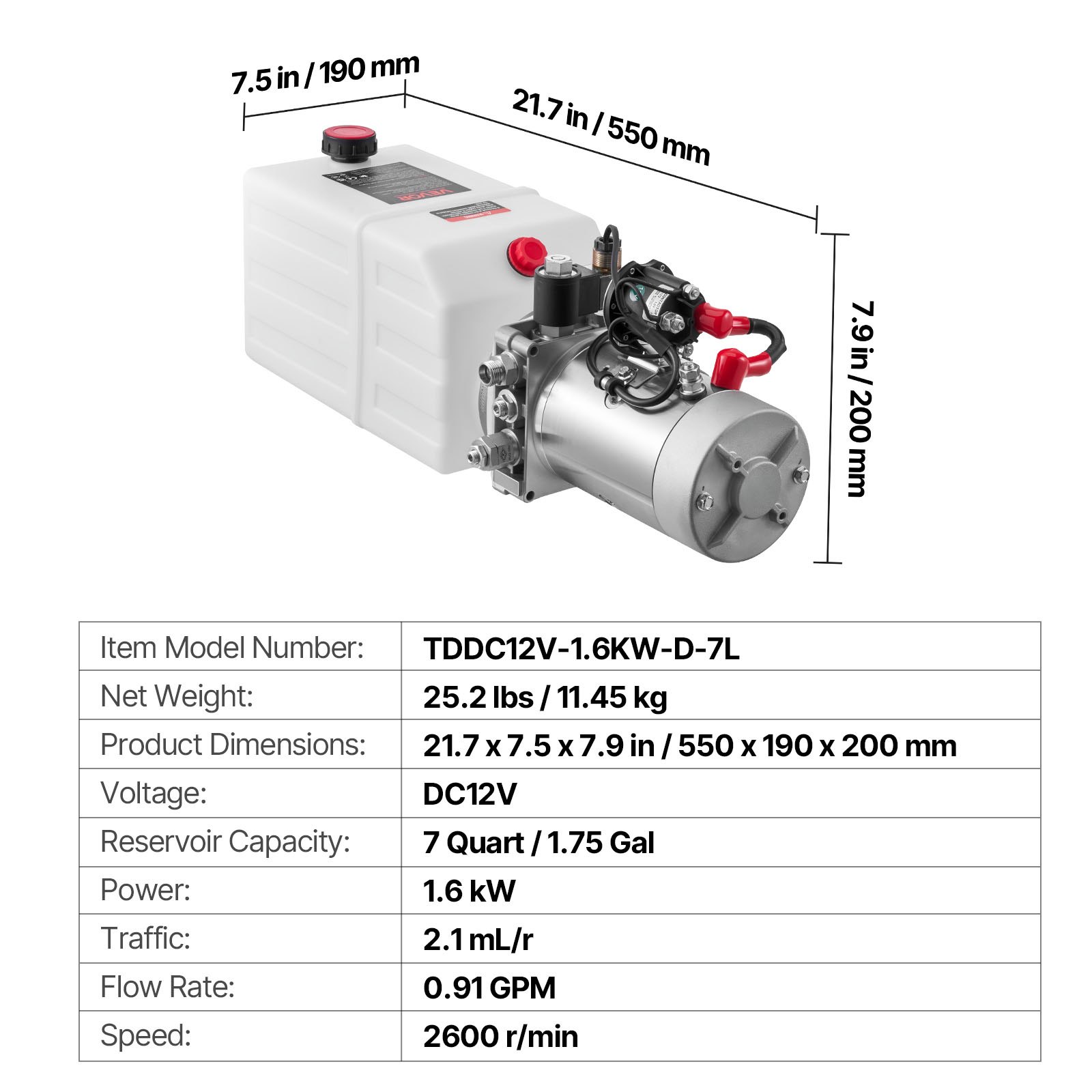 Hidraulični agregat od 6,6 L za kiper prikolicu, jednostrukog djelovanja, maks. tlak 22 MPa, protok 3,4 L/min, 12 V DC, metalni spremnik, bijeli - Slika 7