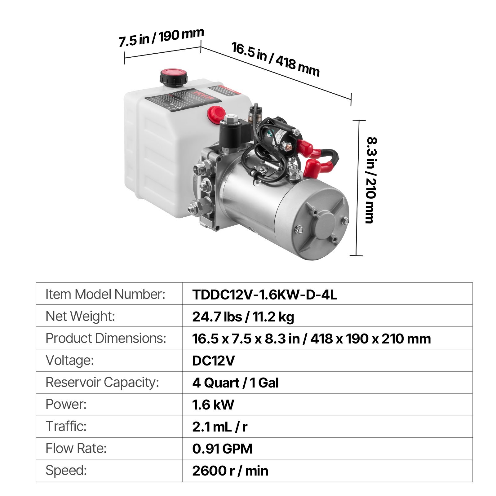 Hidraulični agregat 3,8 l za kiper prikolicu, jednostruko djelovanje, maks. tlak 22 MPa, protok 3,4 l/min, 12 V DC, metalni spremnik, bijela boja - Slika 7