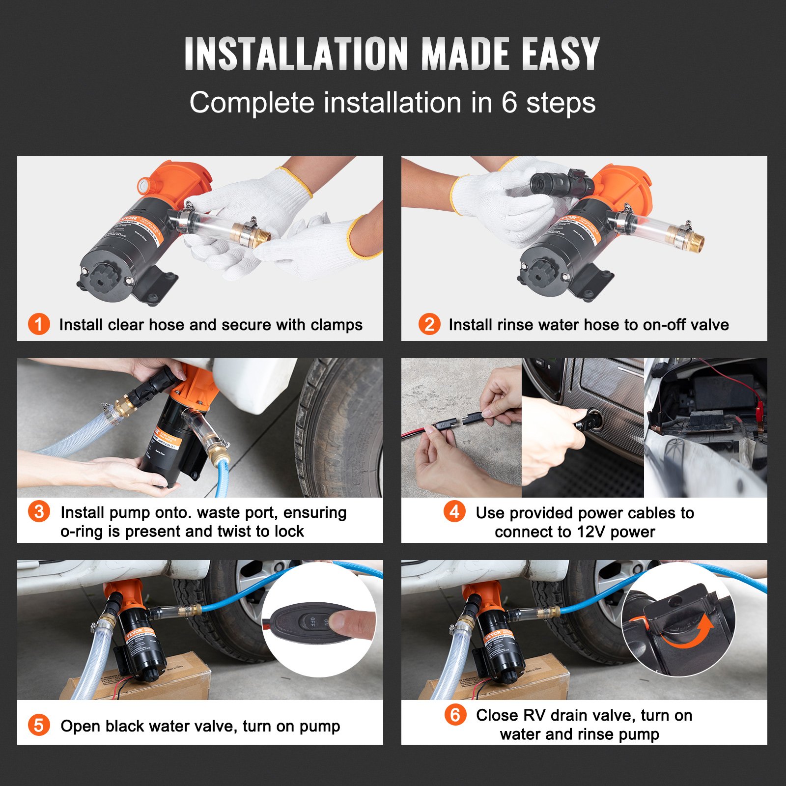 Prijenosna 12 V pumpa za otpadne vode (45 l/min) sa sjeckalicom, brzim priključkom, metalnom stezaljkom za crijevo i kabelom za napajanje – za kamper, brod i plovila - Slika 6