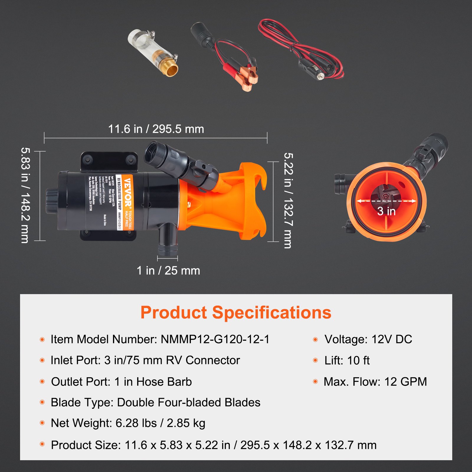 Prijenosna 12 V pumpa za otpadne vode (45 l/min) sa sjeckalicom, brzim priključkom, metalnom stezaljkom za crijevo i kabelom za napajanje – za kamper, brod i plovila - Slika 7